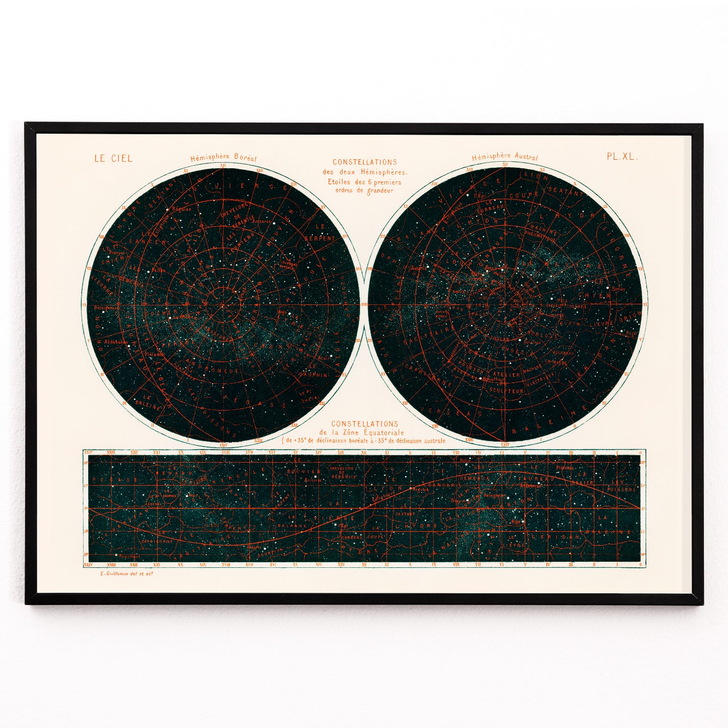 Closeup detail of Celestial chart and poster of the two hemispheres night sky by Guillemin Amédée showing Constellations of the Two Hemispheres star maps