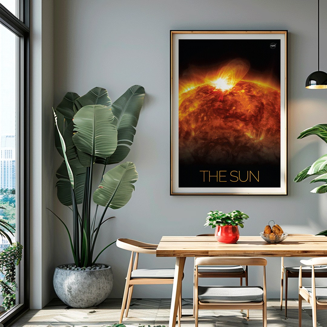 Vibrant NASA artwork of the Sun with solar flares titled The Sun 1 fiery depiction and poster, framed and displayed in home decor
