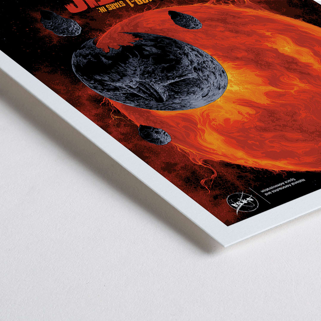 Closeup detail of Fiery red star and dark planetary debris in space from Galactic Graveyard by NASA wall art poster for home decor