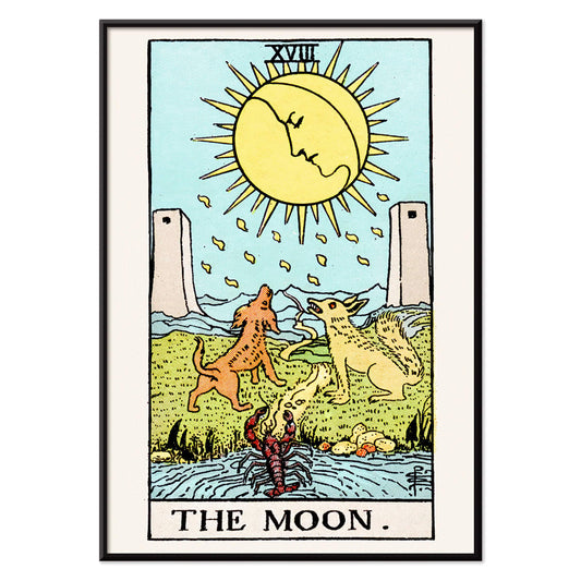 Tarot The Moon by Rider Waite poster featuring celestial moon two towers two dogs and a crayfish in a mystical landscape, with black aluminium frame on white background