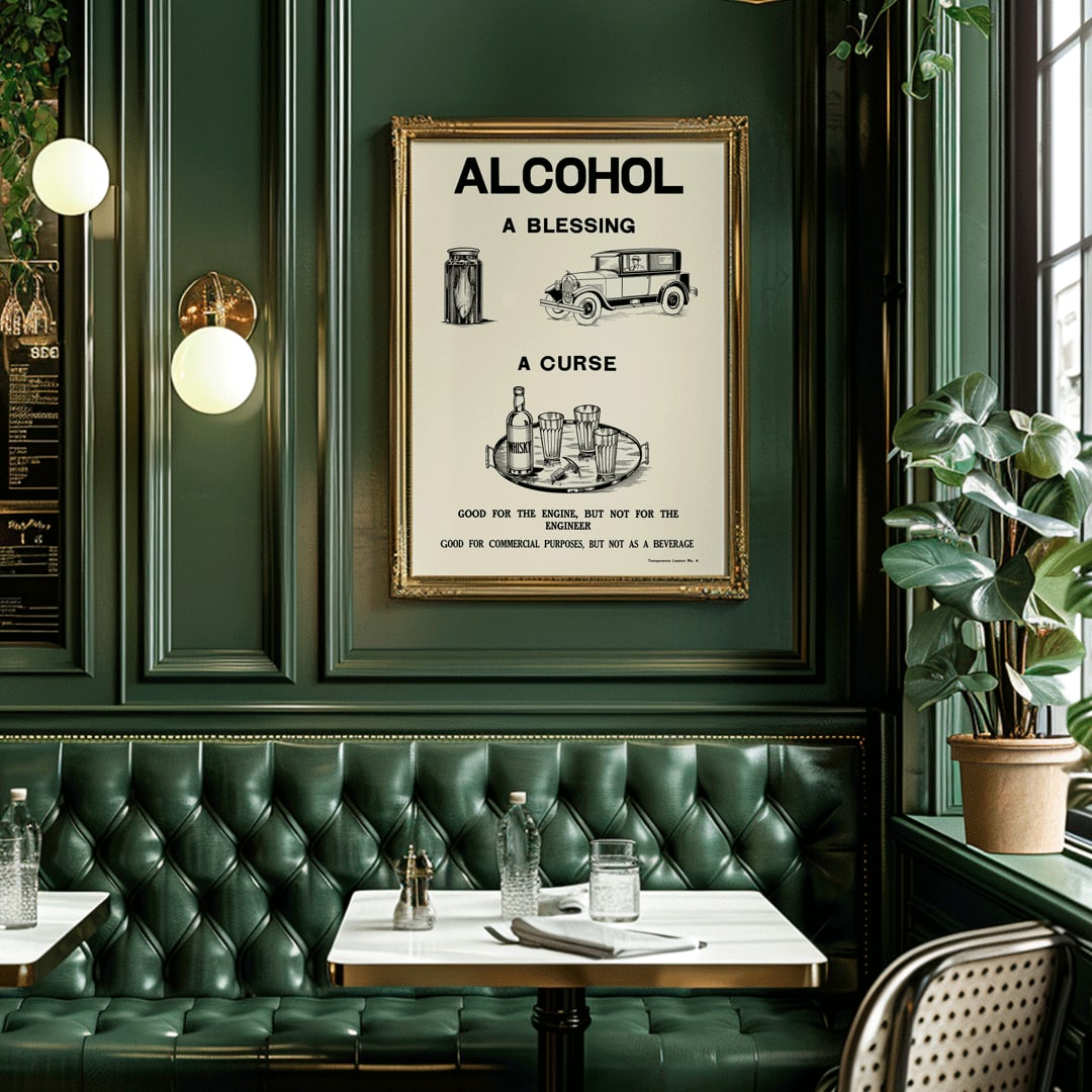 Poster promoting alcohol prohibition by Dominion Scientific Temperance Committee showing contrasting uses and titled Alcohol A Blessing A Curse with car and bottles, framed and displayed in home decor
