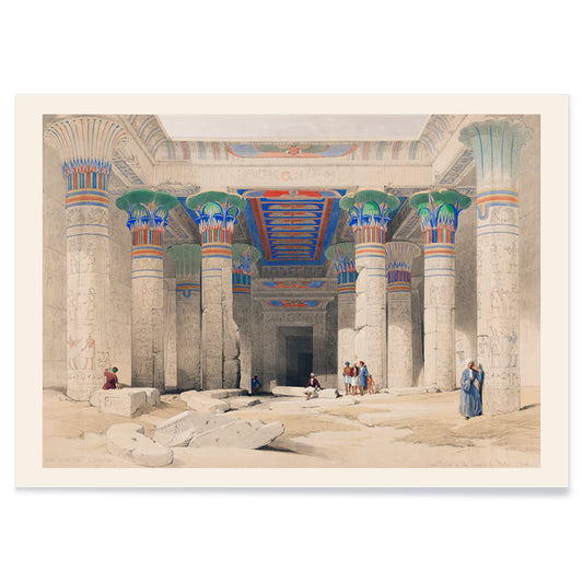 Colorful columns ancient ruins and Egyptian temple pillars with people in Grand Portico of the Temple of Philae by David Roberts, with black aluminium frame on white background
