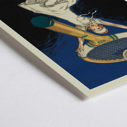 Closeup detail of Jean dYlen Dunlop The Ball of Champions poster with leaping tennis player giant racket and ball in bold blue and black