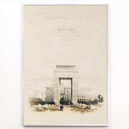 Closeup detail of Ancient Egyptian gateway and Great gateway at Temple of Karnak Thebes with hieroglyphs people and ruins artwork by David Roberts