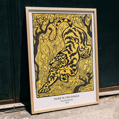 Tiger in the Jungle by Paul Ranson stylized illustration and poster of a tiger prowling through dense jungle foliage, framed and displayed in home decor
