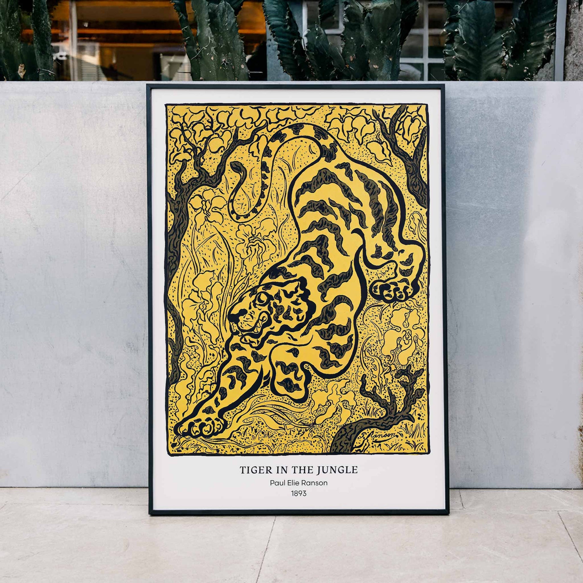 Tiger in the Jungle by Paul Ranson stylized illustration and poster of a tiger prowling through dense jungle foliage, framed and displayed in modern living room decor
