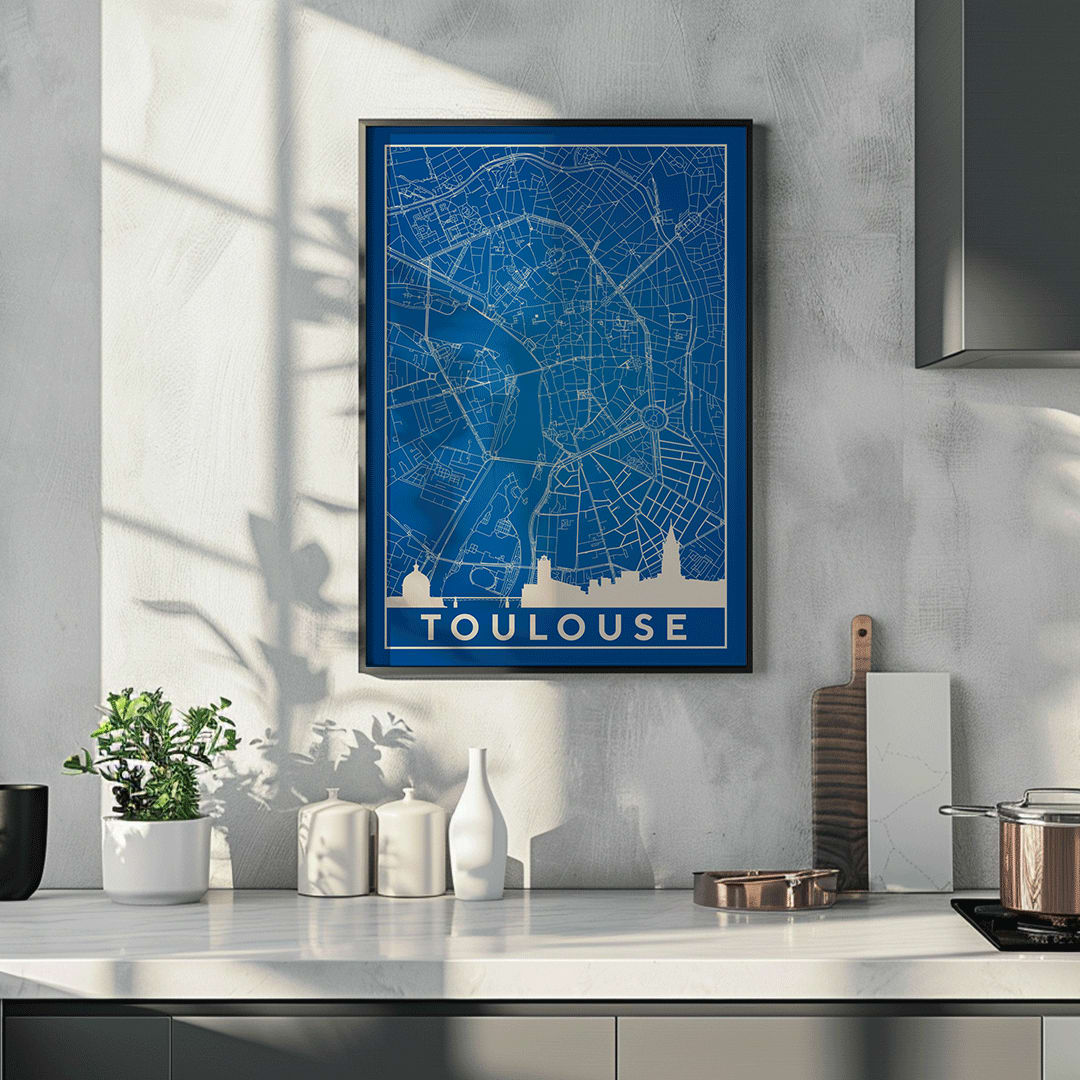 Blue and white minimalist map of Toulouse poster with white building silhouettes at the bottom modern wall art titled Minimalist Toulouse Map, framed and displayed in home decor