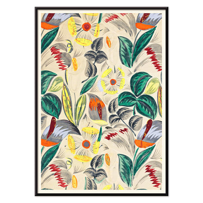 Vibrant tropical flowers and lush greenery textile design pattern titled Tropical Flowers II colorful foliage and blossoms poster, with black aluminium frame on white background