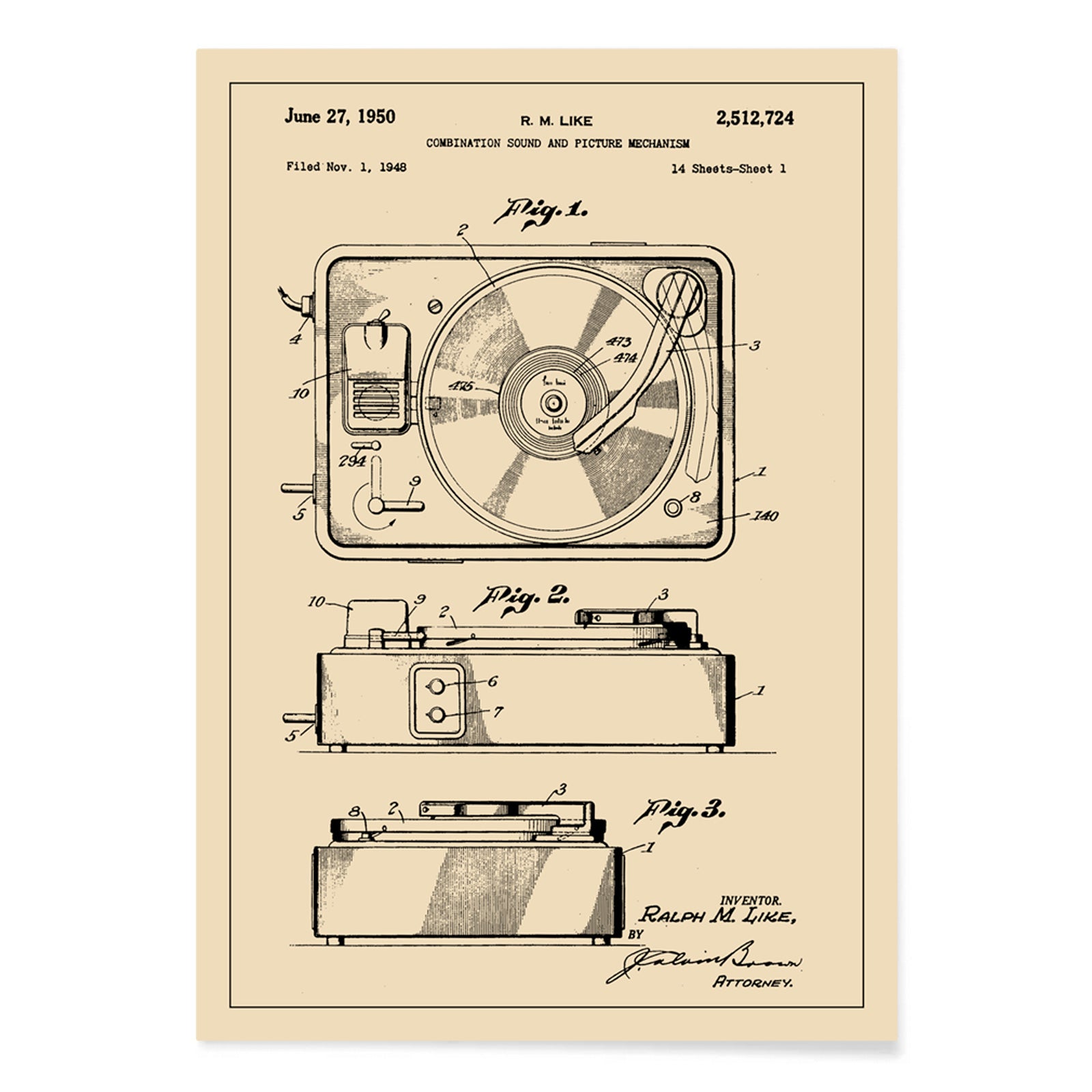 Vintage turntable patent illustration and technical drawing poster by R M Like ideal music lover decor, with black aluminium frame on white background