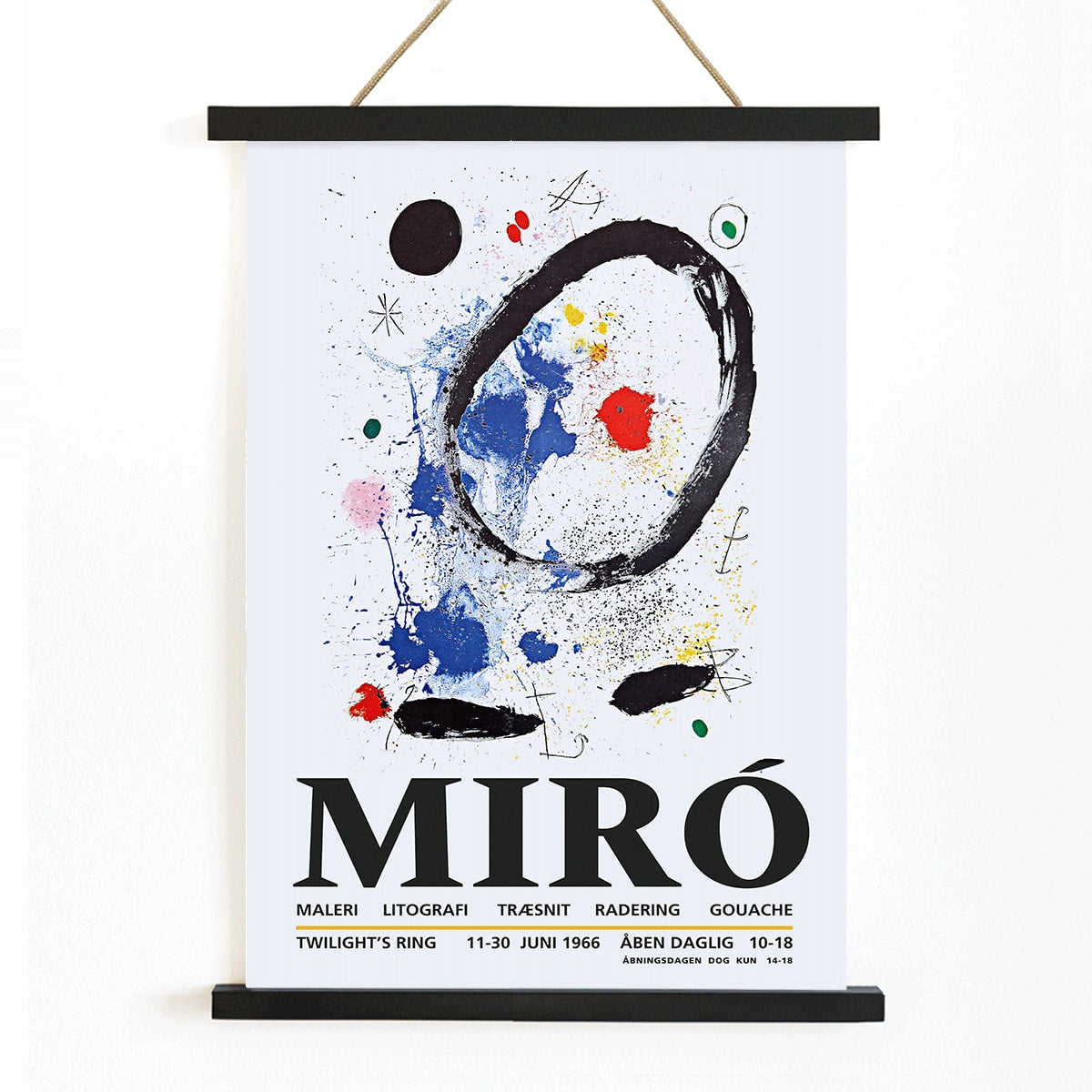 Twilights Ring exhibition poster inspired by Joan Miro featuring abstract artwork with bold colors and shapes, with wooden magnetic frame on white background
