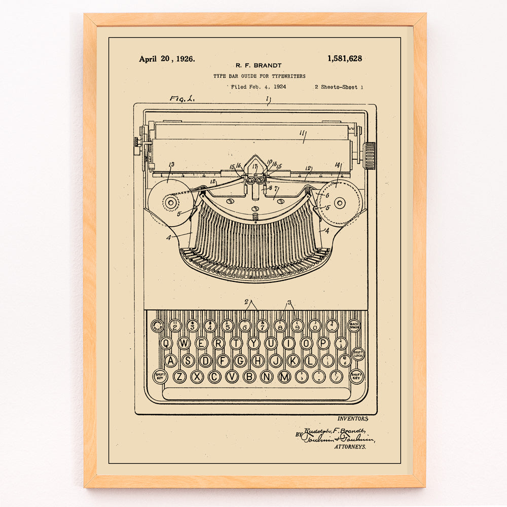 Closeup detail of Vintage typewriter patent illustration by R F Brandt with technical details and drawing