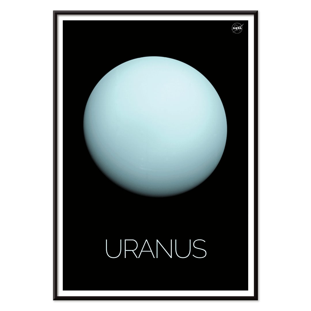 NASA poster of the planet Uranus featuring a light blue sphere against a black background with the title Uranus, with black aluminium frame on white background