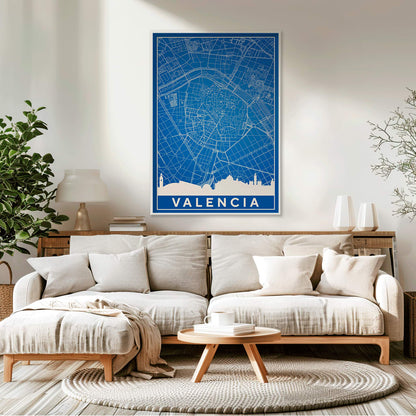Minimalist Valencia Map poster by artist Minimalist featuring a detailed blue and white city map and skyline, framed and displayed in home decor