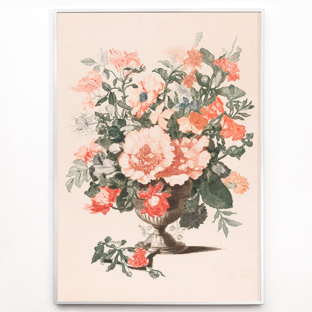 Closeup detail of Stone vase with colorful flowers still life by Jean Baptiste Monnoyer poster featuring bouquet in stone vase artwork