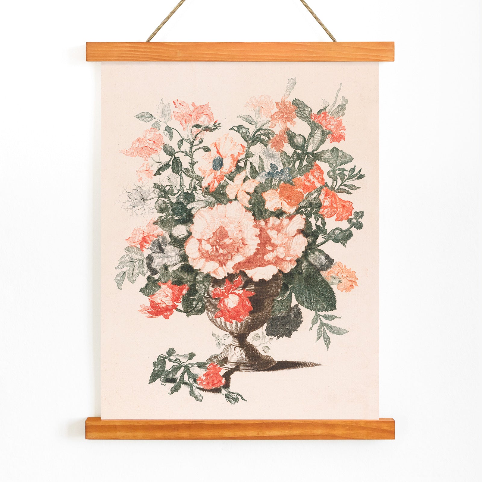 Stone vase with colorful flowers still life by Jean Baptiste Monnoyer poster featuring bouquet in stone vase artwork, with wooden magnetic frame on white background