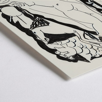 Closeup detail of Venus Vignet by Leo Gestel reclining nude woman with horses in abstract black and white drawing poster