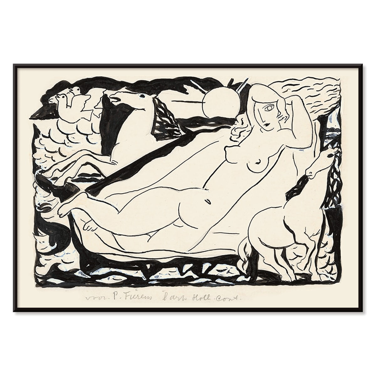 Venus Vignet by Leo Gestel reclining nude woman with horses in abstract black and white drawing poster, with black aluminium frame on white background