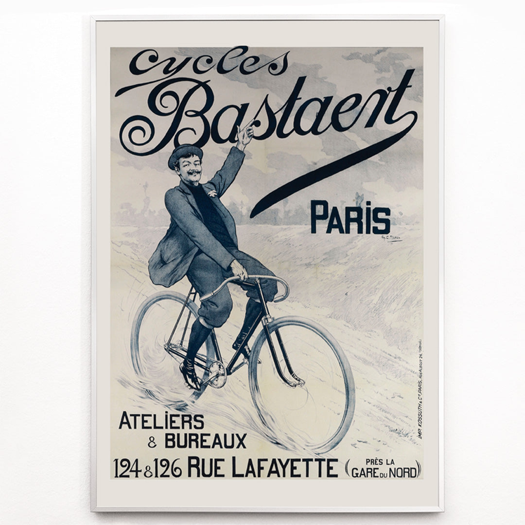 Closeup detail of Vintage bicycle poster joyful man riding and waving on Cycles Bastaent Paris bike artwork by Charles Tichon