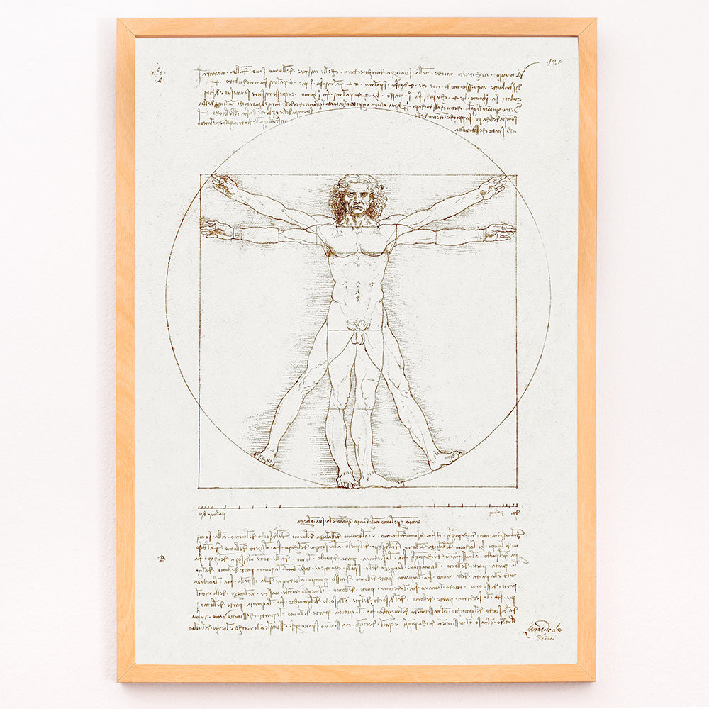 Closeup detail of Vitruvian Man by Leonardo da Vinci human figure anatomical study with outstretched arms and legs inside circle and square geometric shapes artwork poster