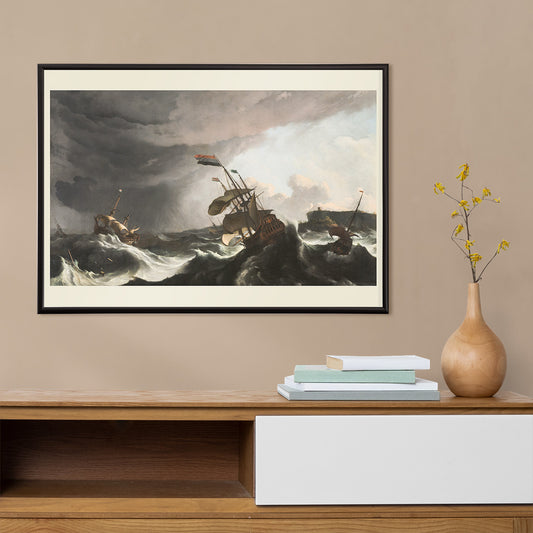 Stormy seascape with sailing ships and dramatic sky by Ludolf Bakhuysen poster of stormy sea with ships battling large waves perfect for nautical and art enthusiasts, framed and displayed in home decor