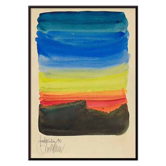 Abstract watercolor landscape poster by Karl Wiener Farbstudien 10 Blätter X featuring vibrant blue yellow red and black horizontal brushstrokes, with black aluminium frame on white background