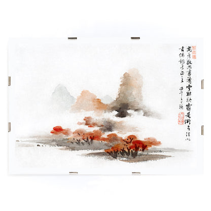 Chinese landscape painting poster with misty mountains red foliage and calligraphy inspired by Lan Ying, framed and displayed in modern living room decor