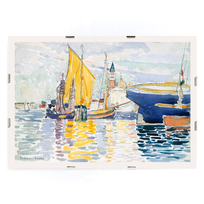 Venice The Giudecca by Henri Edmond Cross colorful sailboats and canals with vibrant reflections poster artwork, framed and displayed in modern living room decor
