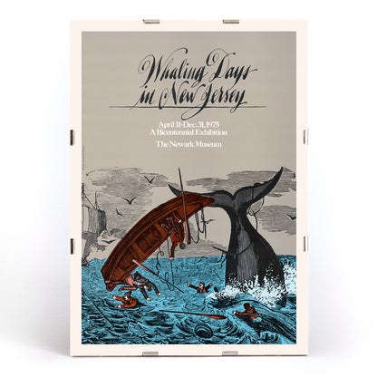 Dramatic whaling scene and men falling from boat near whale tail by The Newark Museum Whaling Days New Jersey, framed and displayed in modern living room decor