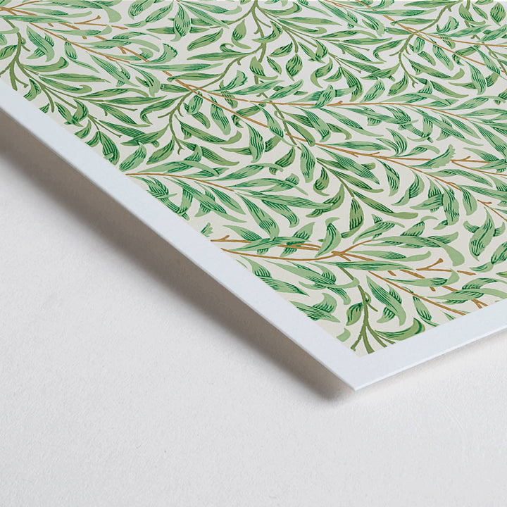 Closeup detail of Willow Bough by William Morris leafy botanical pattern poster with intricate green willow branches and leaves on light background