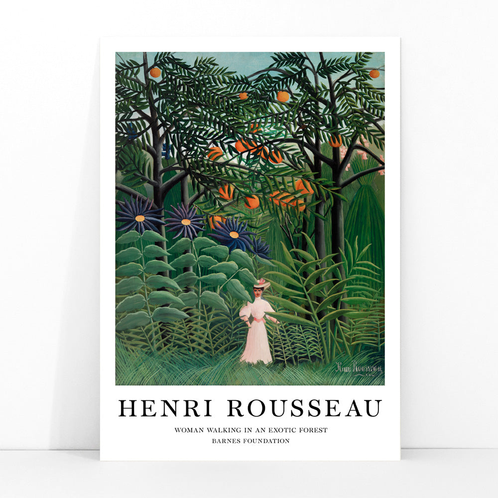 Woman in white dress walking through lush jungle plants in Exotic Forest by Henri Rousseau poster, framed and displayed in modern living room decor