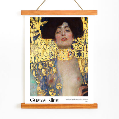 Judith and the Head of Holofernes by Gustav Klimt on ornate gold background art poster, with wooden magnetic frame on white background