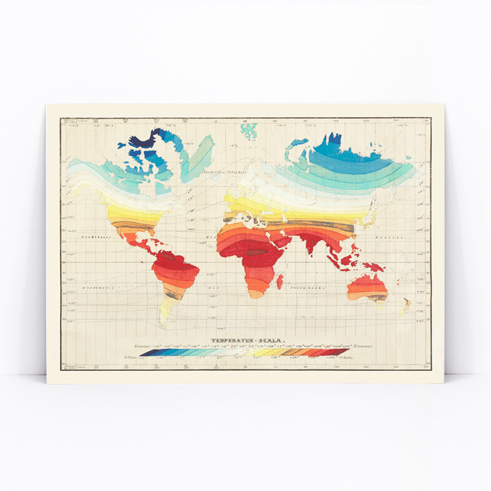 Colorful vintage world map of global climate and temperature zones by Wilhelm Ebel, framed and displayed in modern living room decor