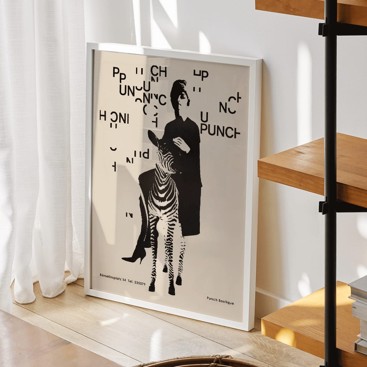 Fashionable woman with zebra by Paul Mitzkat Punch Boutique Poster featuring monochrome design and floating text elements, framed and displayed in home decor